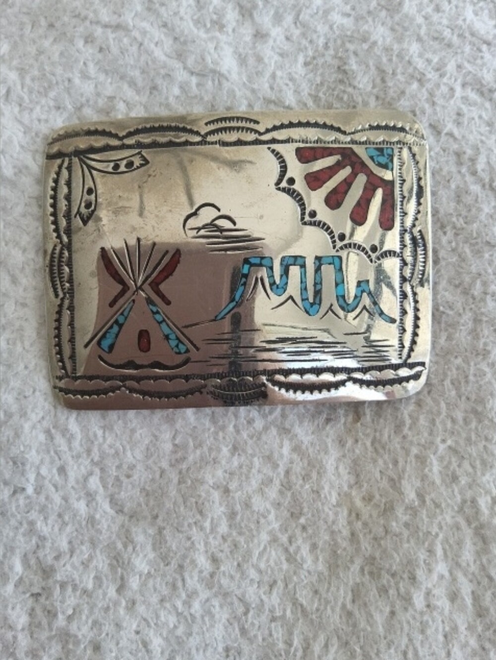 Vintage Likely 70s Turquoise And Coral Chop Inlay Belt Buckle